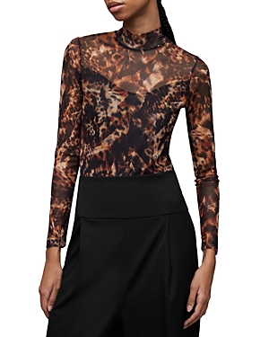 Allsaints Elia Spark Printed Mesh Bodysuit In Brown