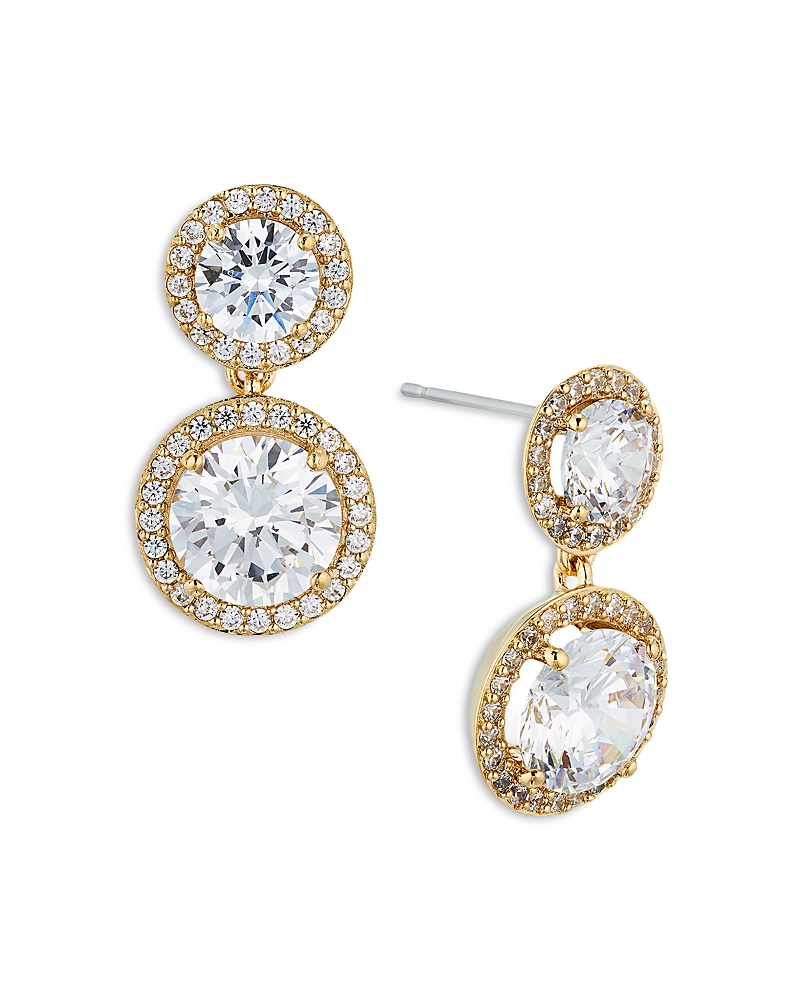 NADRI ROUND DOUBLE HALO DROP EARRINGS IN 18K GOLD PLATED OR RHODIUM PLATED