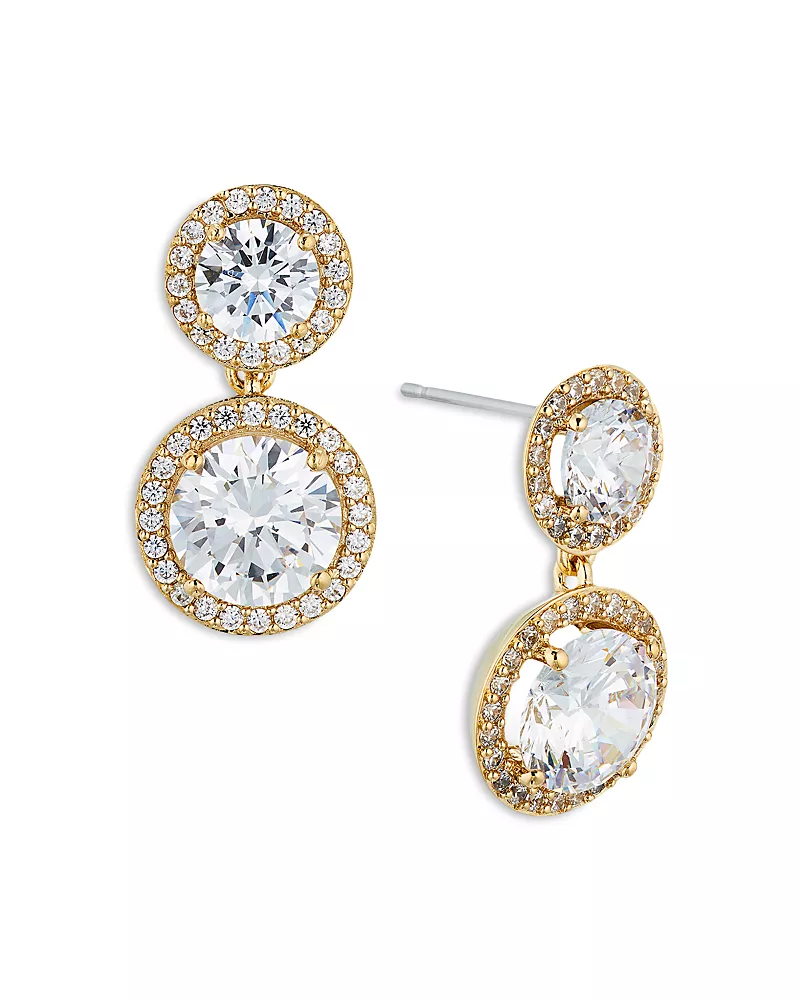 Nadri Round Double Halo Drop Earrings in 18K Gold Plated or Rhodium Plated