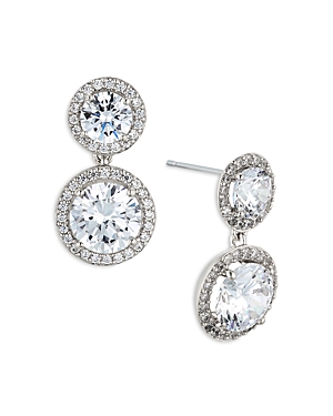 Nadri Round Double Halo Drop Earrings In 18k Gold Plated Or Rhodium Plated In Metallic