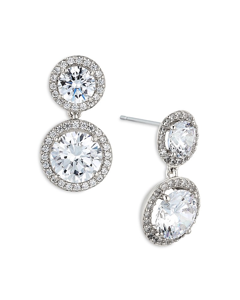 NADRI ROUND DOUBLE HALO DROP EARRINGS IN 18K GOLD PLATED OR RHODIUM PLATED