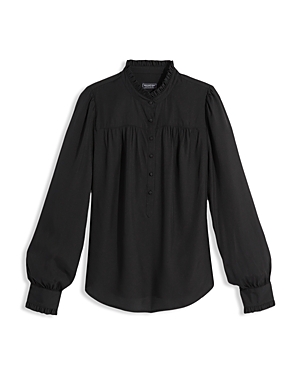 Vineyard Vines Ruffle Collar Silk Blend Popover Top In Jet Black