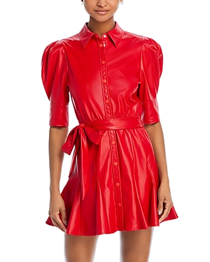 Shop Alice And Olivia Lurlene Faux Leather Puff Sleeve Mini Dress In Bright Ruby