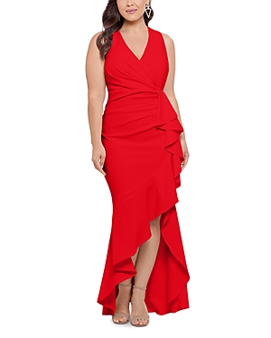 BETSY & ADAM SLEEVELESS V NECK RUFFLED GOWN
