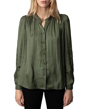 Zadig & Voltaire Tchin Satin-finish Ruched-detailed Shirt In Used Kaki