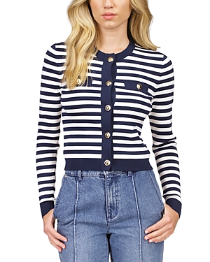 Shop Michael Kors Striped Cardigan Sweater In Midnight Blue/white