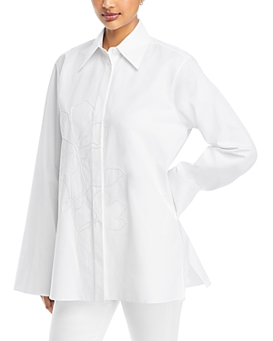 Shop Lafayette 148 Embroidered Fold Over Cuff Cotton Shirt In White