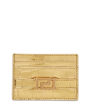 Versace Greca Goddess Croc Embossed Leather Card Case In Gold/ Gold