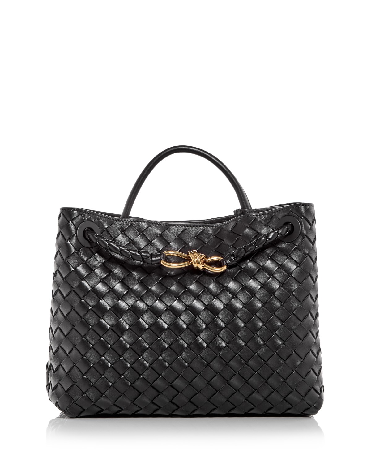 Bottega Veneta Medium Andiamo Intrecciato Leather Shoulder Bag in Black/Gold Leather