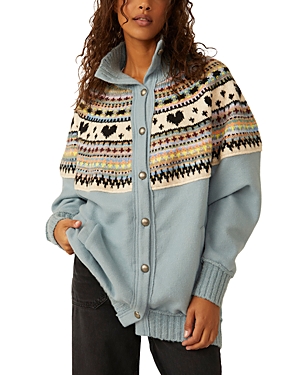 Free People Emily Fair Isle Front Button Sweater In Mineral Rain