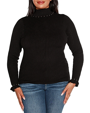 Belldini Plus Size Embellished Mock Neck Sweater In Black