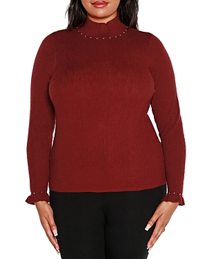 Belldini Plus Size Embellished Mock Neck Sweater In Cranberry