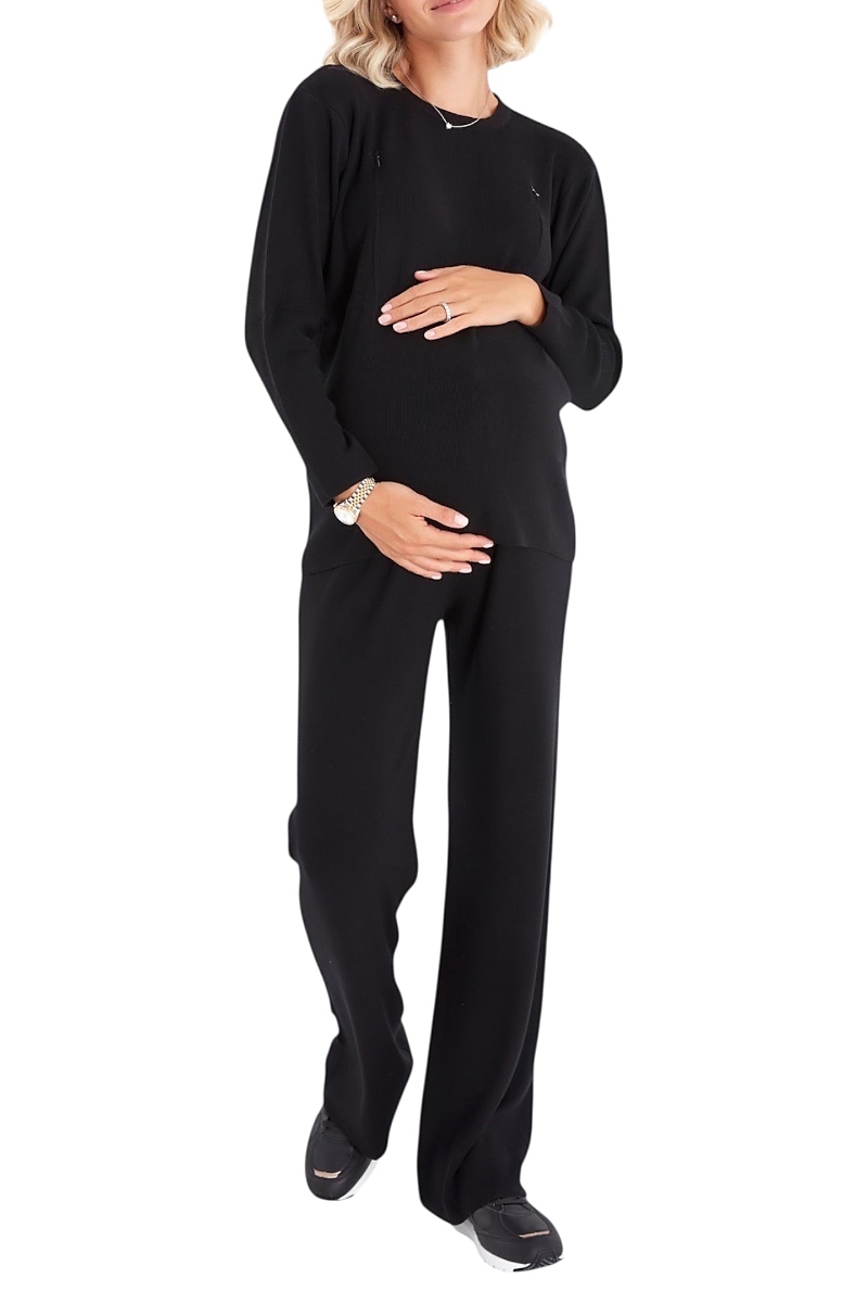 Accouchée Effortless Elegance Set With Rib Side Zip Long Sleeve Materity/nursing Top & Lounge Pants In Black
