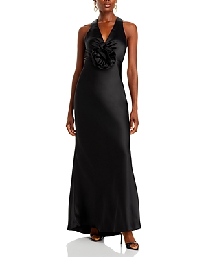 Bloomingdale's Long Satin Flower Trim Maxi Dress - 100% Exclusive In Black