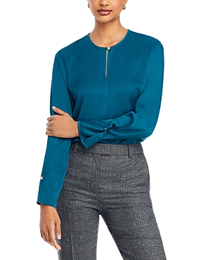 Hugo Boss Boss Binale Keyhole Stretch Silk Top In Emerald Night