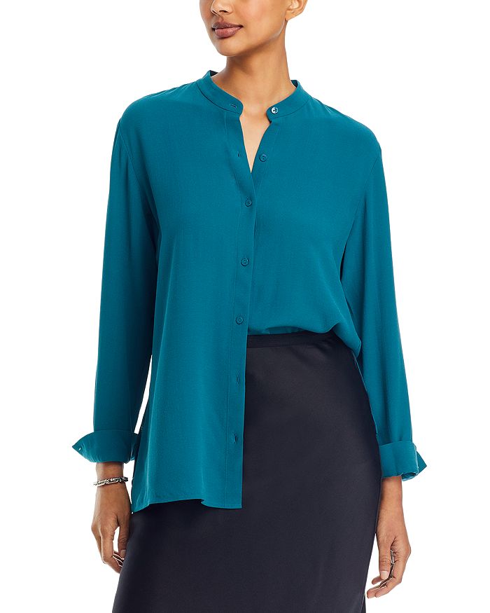 Eileen Fisher System Silk Mandarin-Collar Blouse Bone Brown Size S