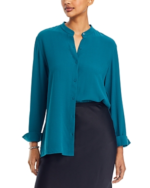 Shop Eileen Fisher Silk Mandarin Collar Shirt In Peack