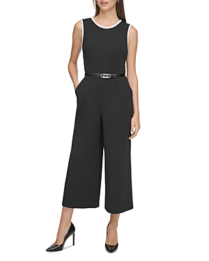 Shop Karl Lagerfeld Sleeveless Cropped Belted Jumpsuit In Black/soft White