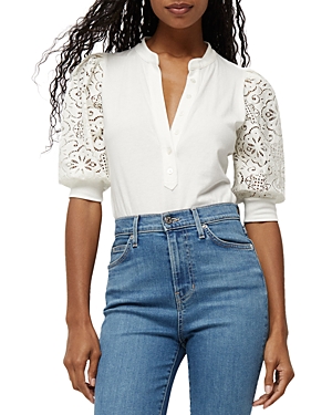 Shop Veronica Beard Coralee Lace Sleeve Top In Off-white