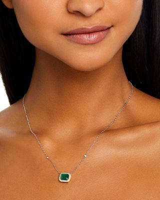 Emerald & Diamond Halo Pendant Necklace in 14K White & Yellow Gold