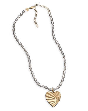 Jennifer Zeuner Nelle Diamond Accent Textured Heart Imitation Pearl Beaded Pendant Necklace In 14k Yellow Gold Over  In Gold/white