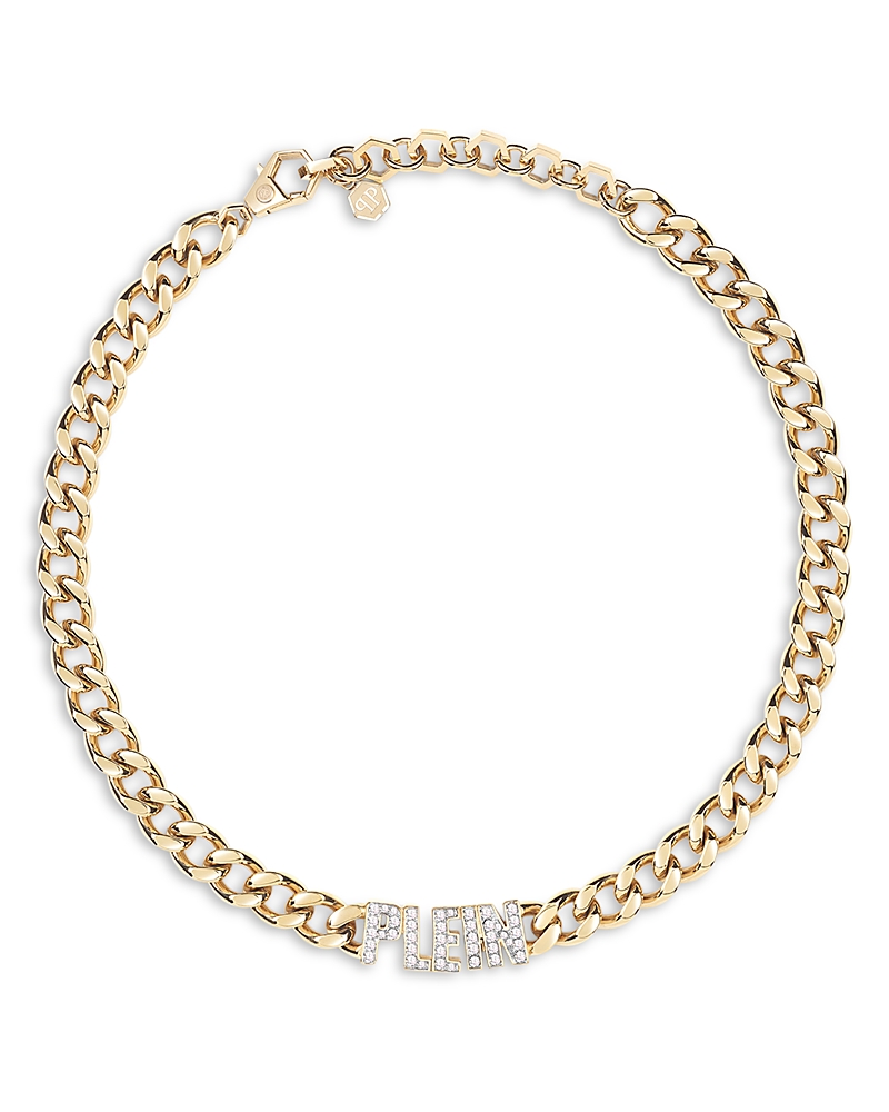 Philipp Plein Gold Chain Necklace With Crystals And Nameplate In Gold