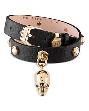 Shop Philipp Plein 3d $kull Crystal Studded Leather Choker Necklace, 15 In Black/gold