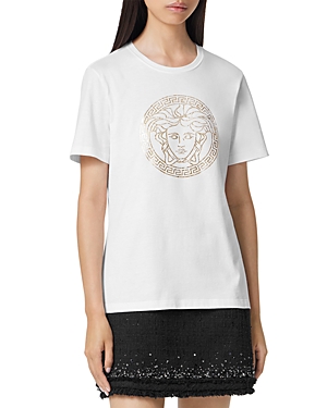 Versace Logo Cotton Jersey Tee In White/gold