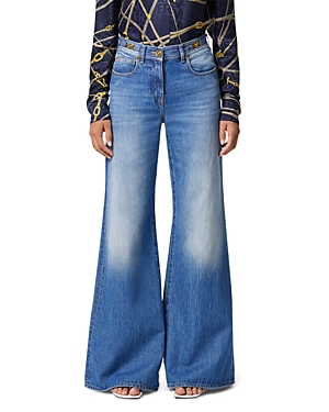 Shop Versace Stone Wash High Rise Cotton Jeans In Medium Blue