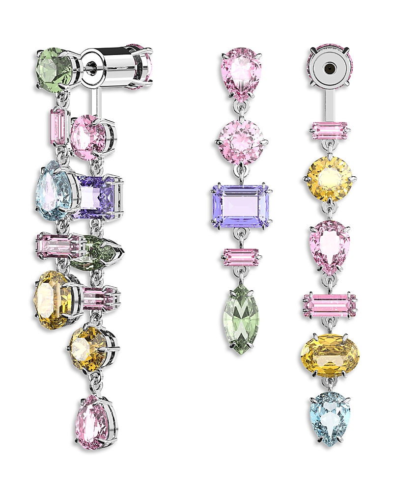 Swarovski Gema Multicolor Mixed Cut Linear Front To Back Earrings In Rhodium Plated In Multi