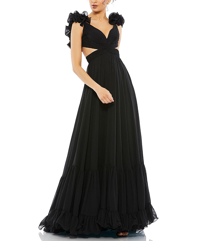 Mac Duggal Rosette Chiffon Cutout Empire Waist Gown In Black