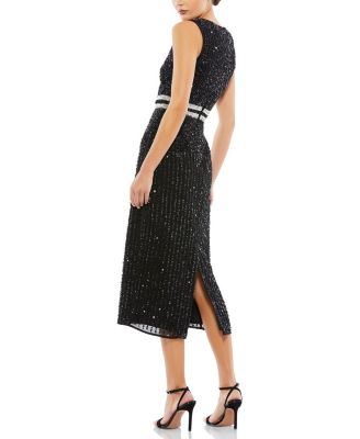 Sleeveless High Neck Beaded Midi Sheath Dress