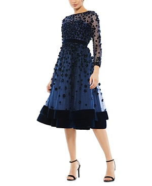 Shop Mac Duggal Embellished Illusion High Neck Long Sleeve Fit & Flare In Midnight