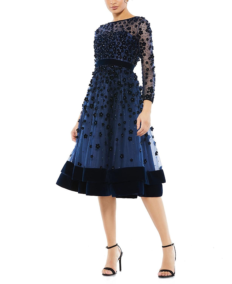 Mac Duggal Embellished Illusion High Neck Long Sleeve Fit & Flare