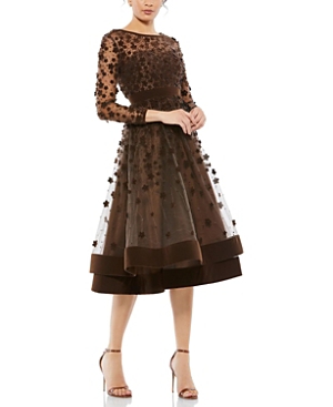 Mac Duggal Embellished Illusion High Neck Long Sleeve Fit & Flare Dress In Coffee