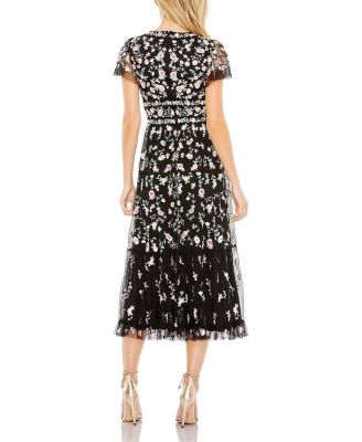 Embroidered V Neck Cap Sleeve Midi Dress