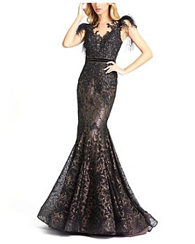 Mac Duggal - Embellished Feather Cap Sleeve Illusion Neck Trumpet Gown