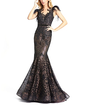 Shop Mac Duggal Embellished Feather Cap Sleeve Illusion Neck Trumpet Gown In Black