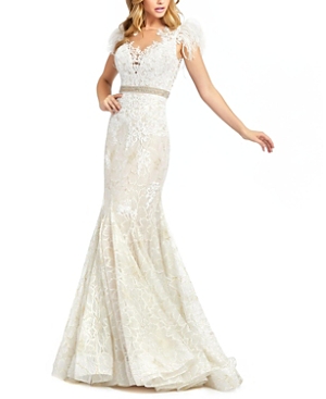 Shop Mac Duggal Embellished Feather Cap Sleeve Illusion Neck Trumpet Gown In Ivory Nude