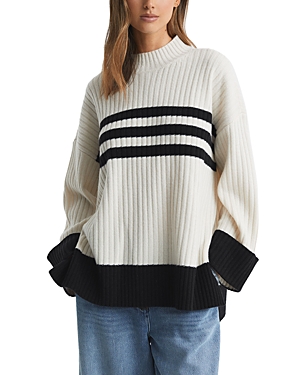 Reiss Cream/navy Ribbed Wool Funnel Neck Jumper In Cream/navy