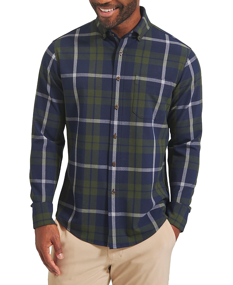 Mizzen + Main City Trim Fit Plaid Stretch Flannel Button-down Shirt In Olive Navy Large Plaid