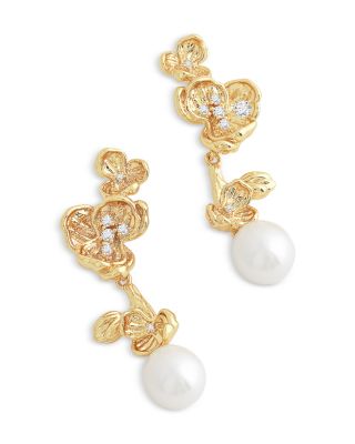 Pav&eacute; & Cultured Freshwater Pearl Orchid Drop Earrings in 18K Gold Plated