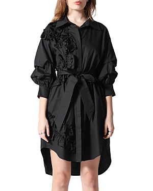 Gracia Belted Ruffle High-low Shirt Dress In Black