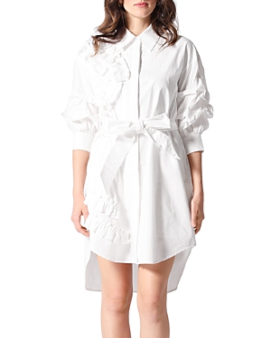 Gracia Belted Ruffle High-low Shirt Dress In White
