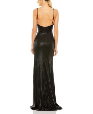 Metallic Faux Wrap Spaghetti Strap Gown