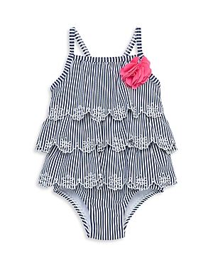 Shop Little Me Girls' One Piece Striped Tiered Swimsuit - Baby In Navy