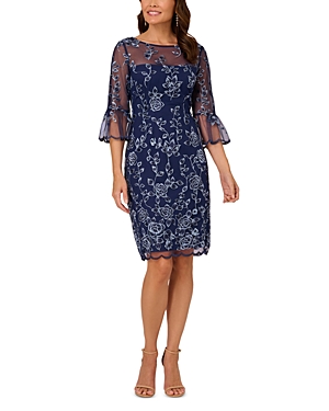 Adrianna Papell Embroidered Bell Sleeve Dress In Midnight