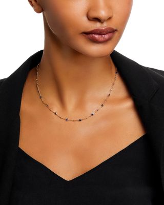 Blue Sapphire & Diamond Bezel Station Collar Necklace in 14K Yellow Gold, 16-18"
