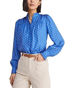 Vineyard Vines Ruffle Collar Silk Blend Popover Top In Provence Geo Blue