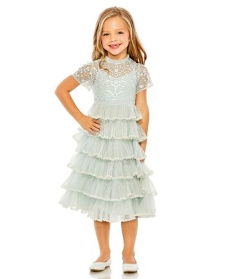 Mac Duggal - Girls' High Neck Embroidered Short Sleeve Dress - Little Kid, Big Kid